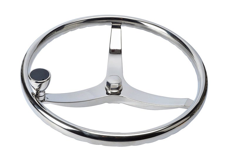 Amarine Made Stainless Steel Boat Steering Wheel 3 Spoke 13-1/2 Inch Dia, Marine Steering Wheel for Seastar and Verado, Stainless Steering Wheel with 5/8 Inch-18 Nut and Turning Knob - Image 1